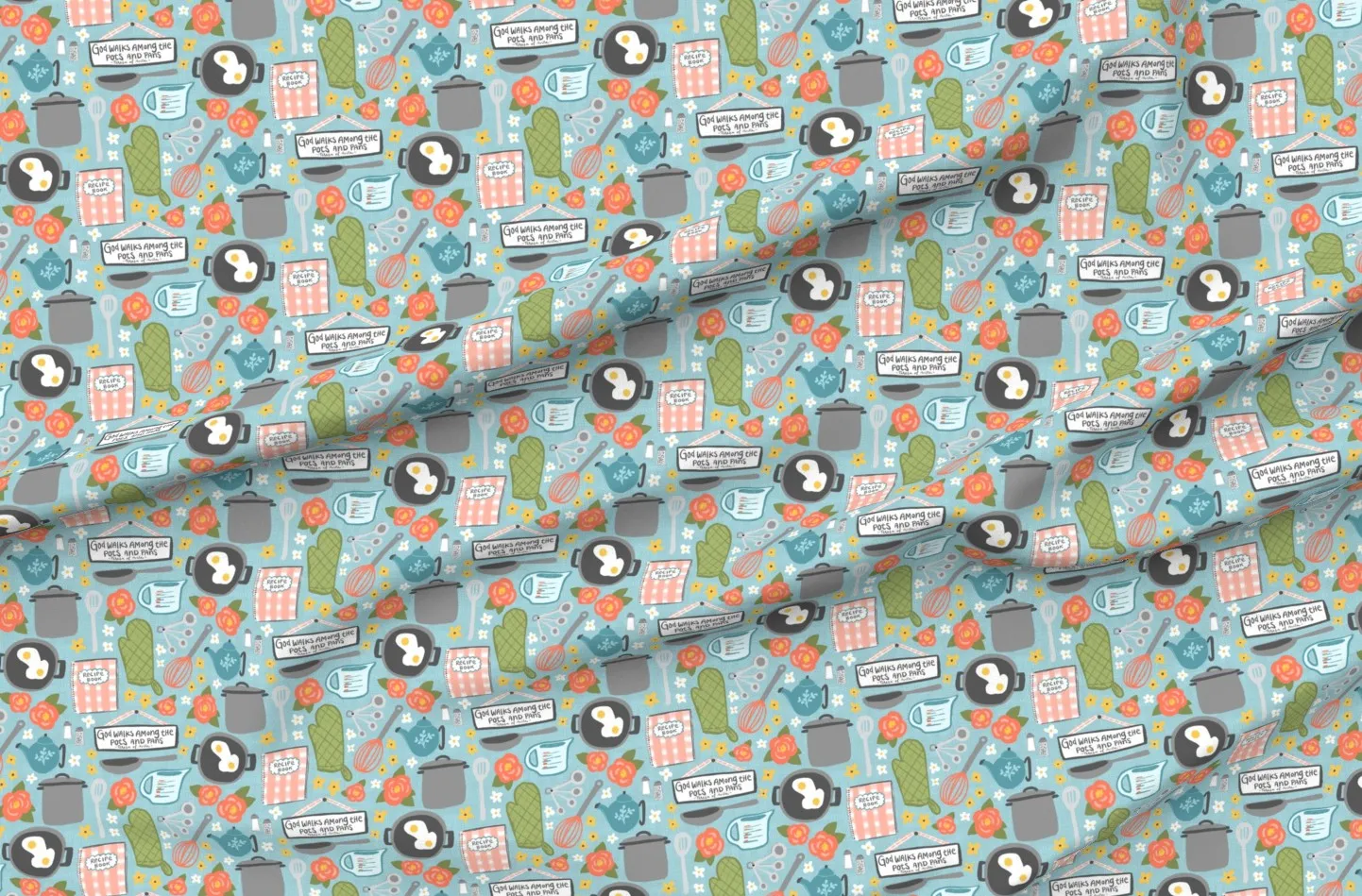 God Walks Among The Pots And Pans Pique Fabric - Light Teal product