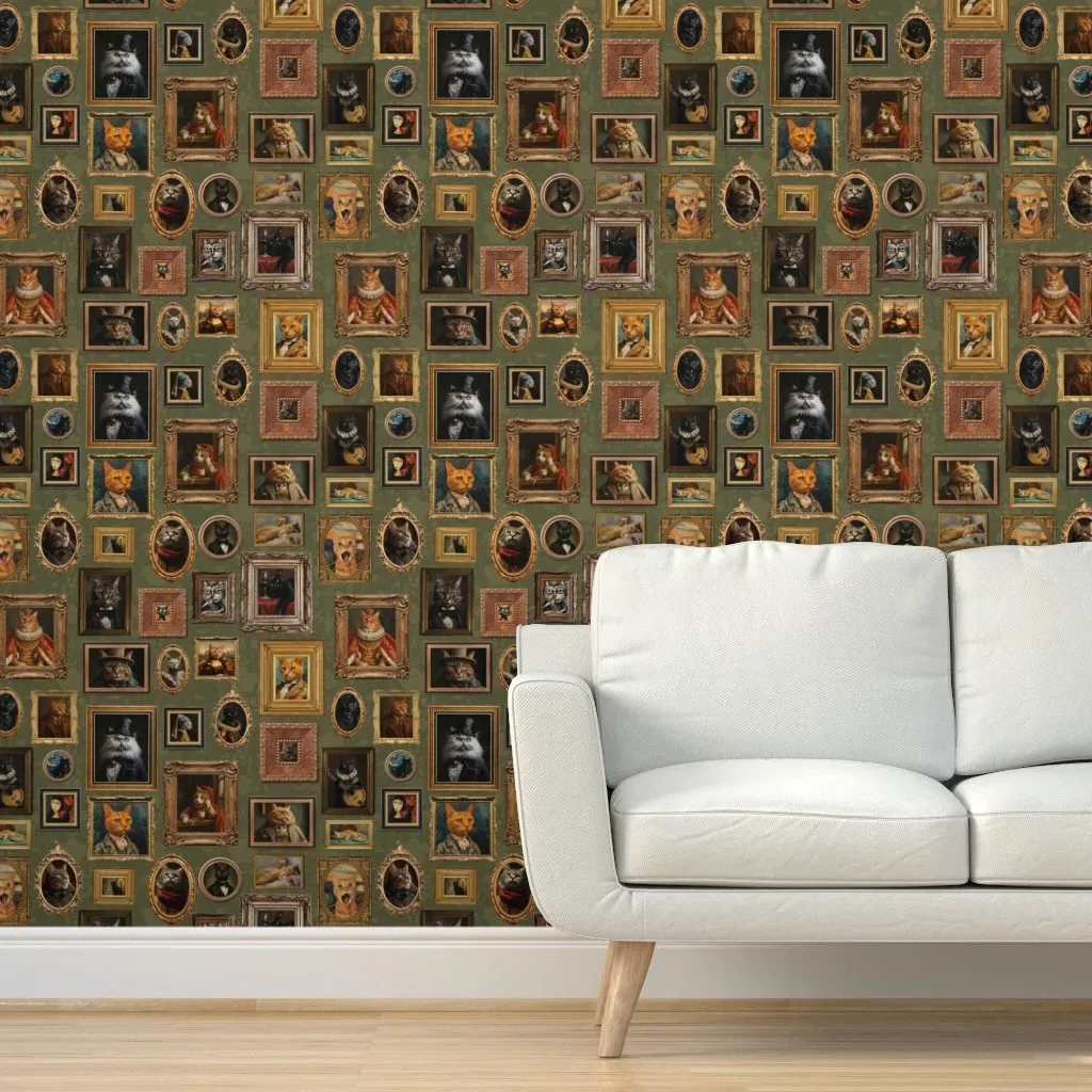 Gold Framed Museum Portraits Peel and Stick Wallpaper - Olive Green product