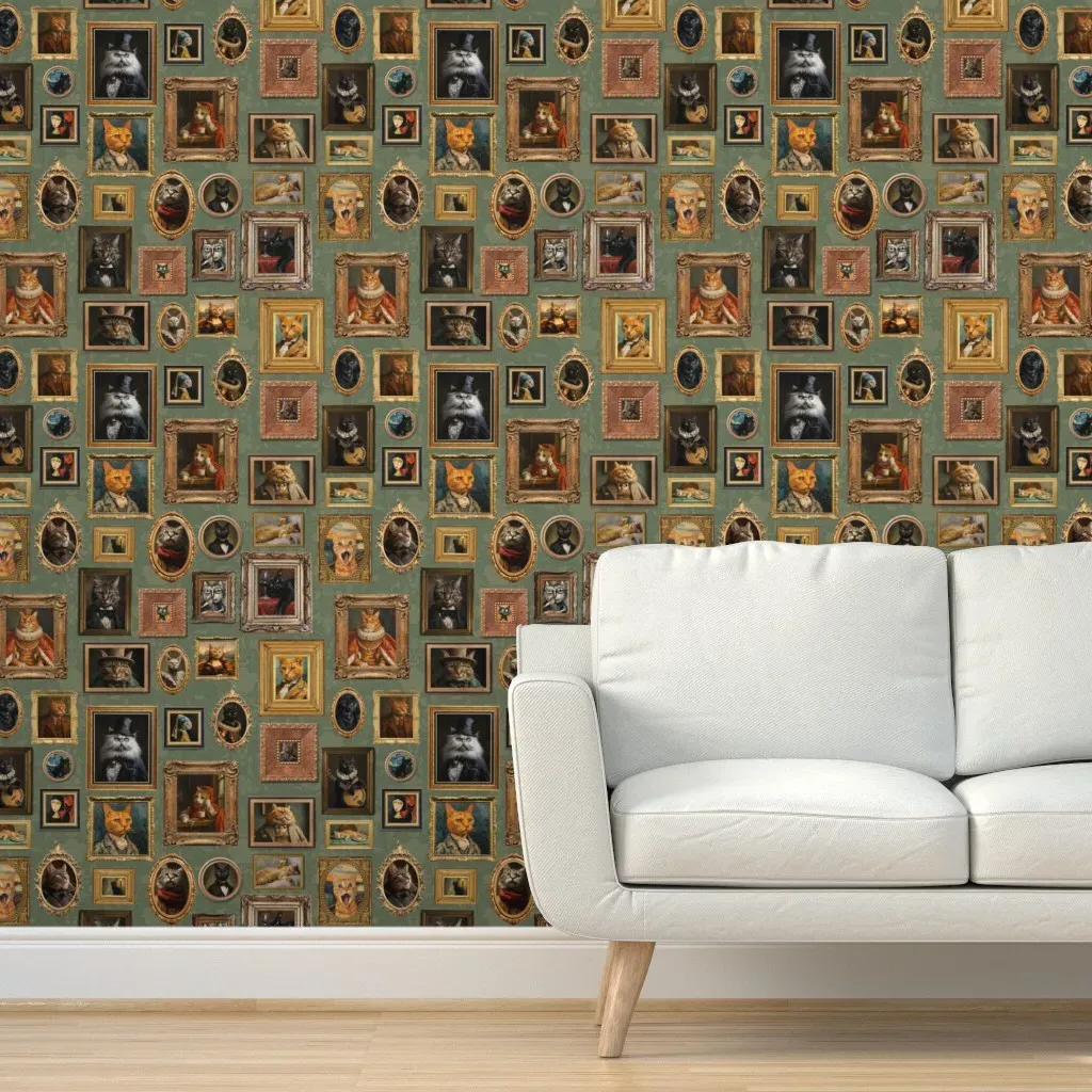 Gold Framed Museum Portraits Peel and Stick Wallpaper - Sage Green product