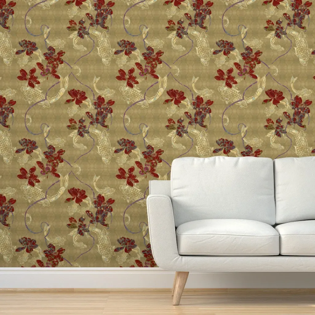 Gold Koi Red Lotus Peel and Stick Wallpaper - Brown, Beige product