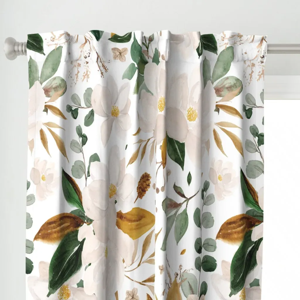 Gold Magnolia Floral Curtain Panel - White alternate view
