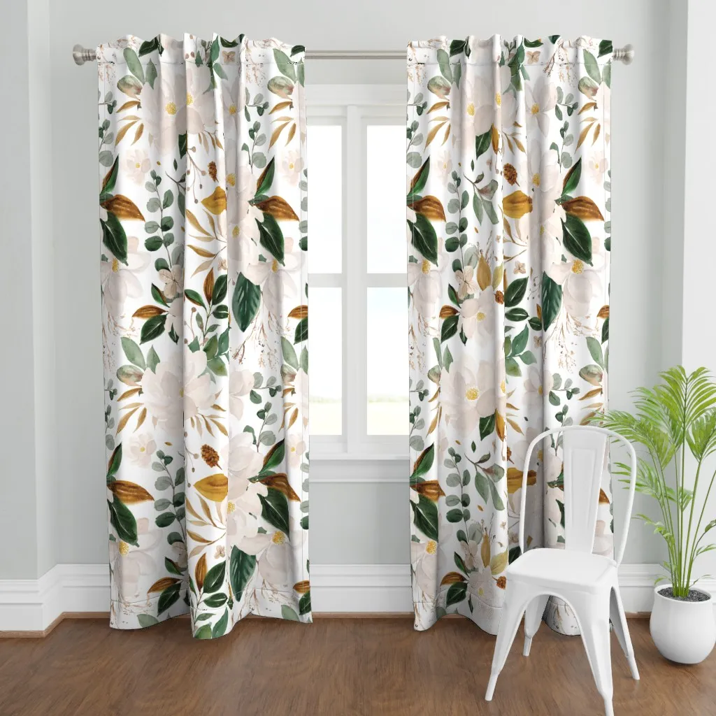 Gold Magnolia Floral Curtain Panel - White product