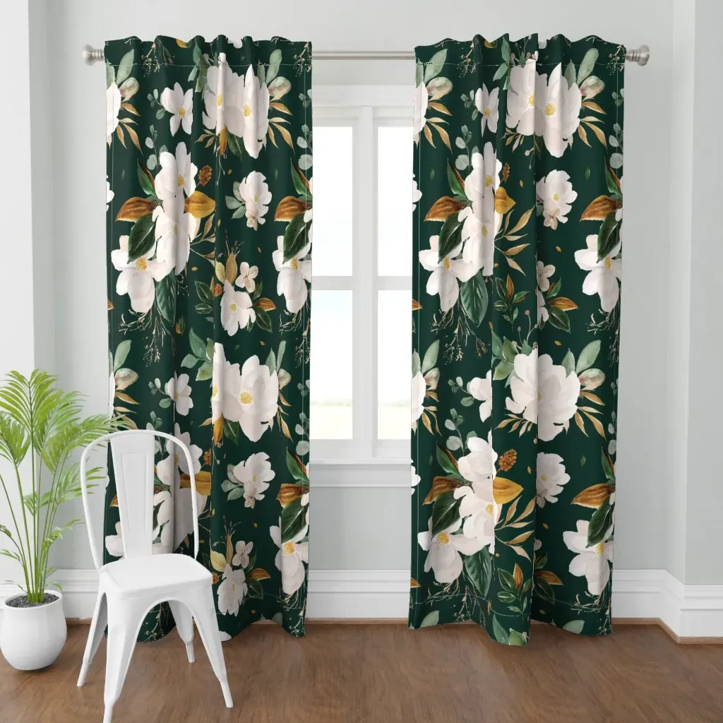 Gold Magnolia Floral Curtain Panel - White product