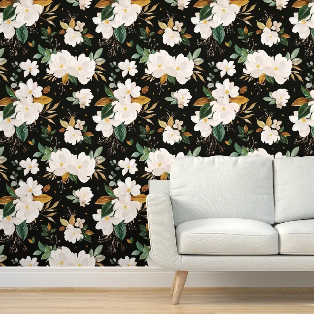 Gold Magnolia Floral Peel and Stick Wallpaper - Black, White product