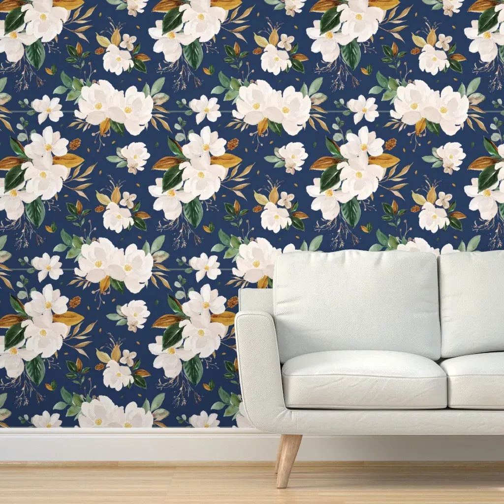 Gold Magnolia Floral Peel and Stick Wallpaper - Navy Blue product