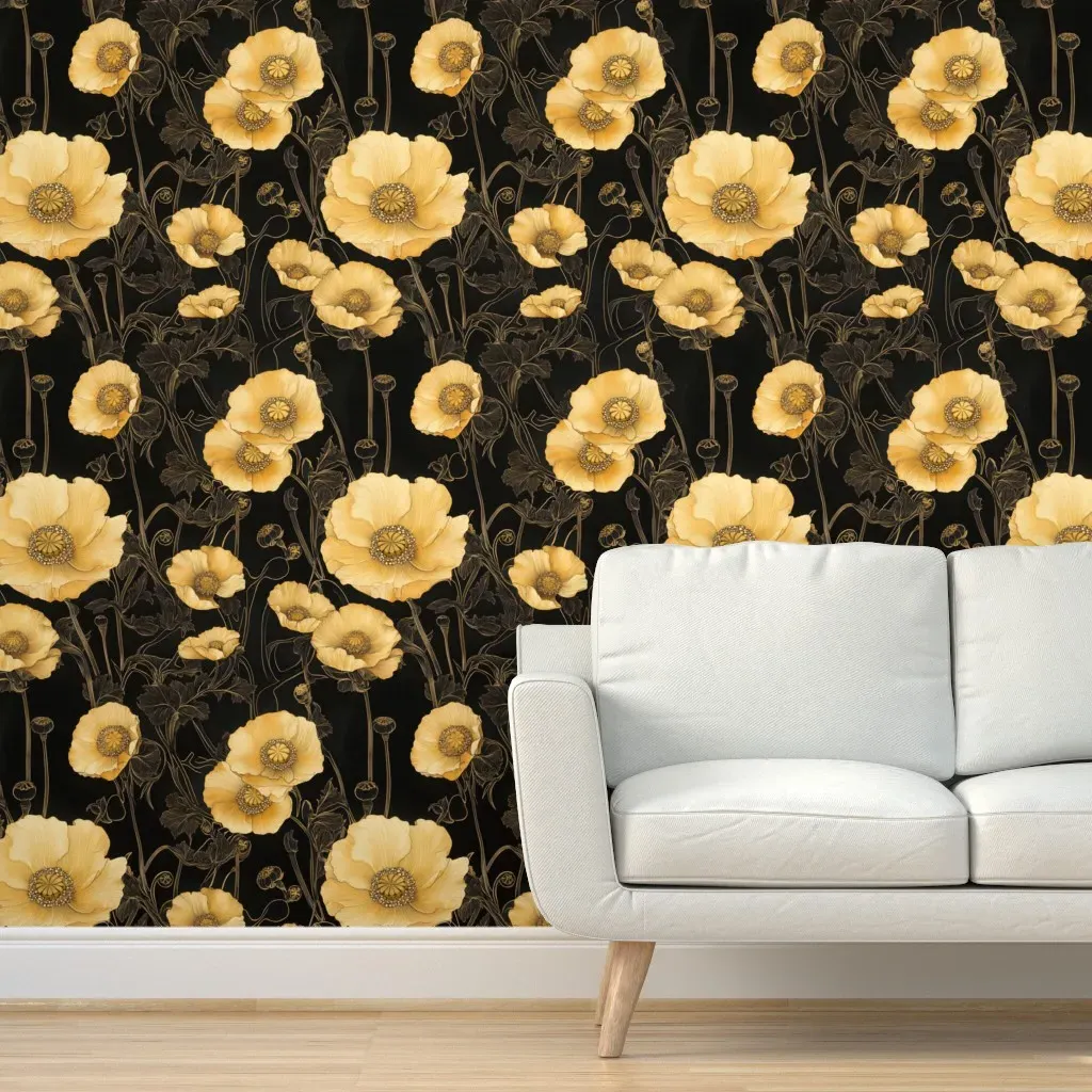Gold Poppies In The Evening Peel and Stick Wallpaper - Gold product