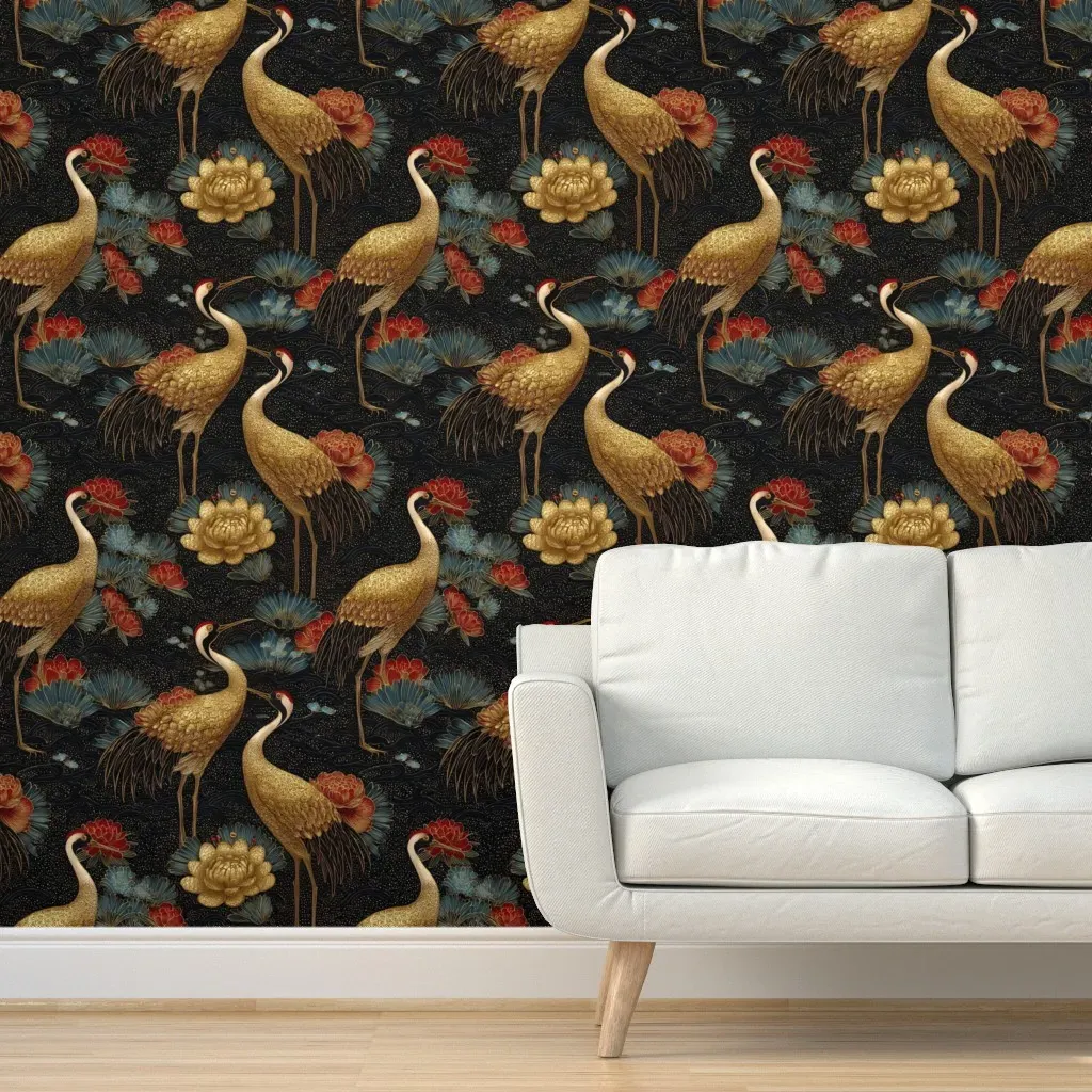Golden Art Deco Cranes Peel and Stick Wallpaper - Gold product