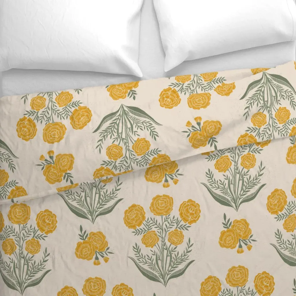 Golden Block Print Marigolds Duvet Cover - Mustard Yellow alternate view