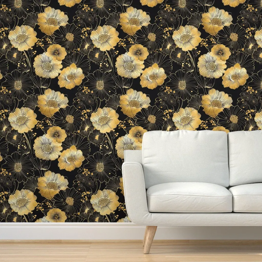Golden Blooms Silk Kimono Peel and Stick Wallpaper - Gold product