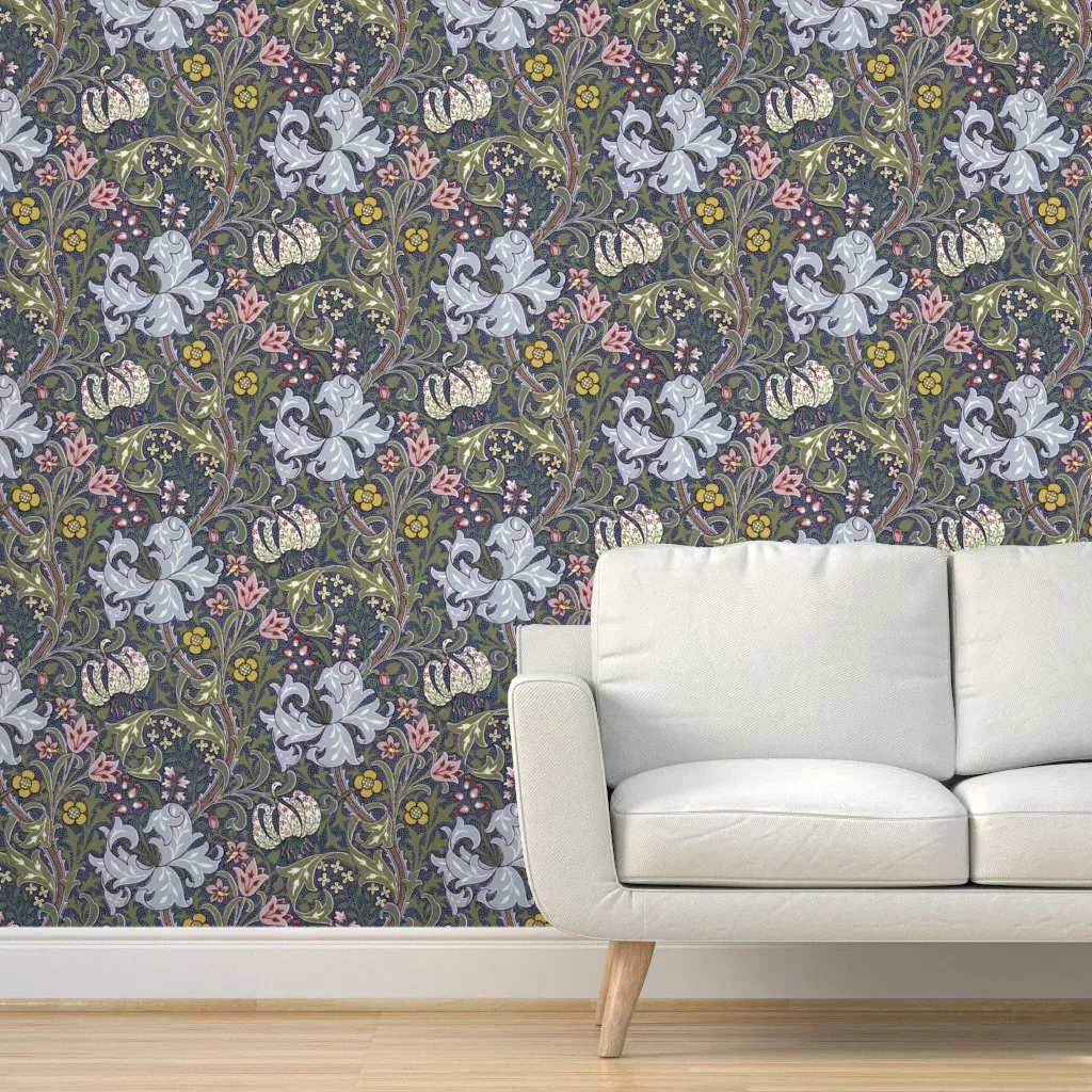 Golden Lily Strawberry Thief Peel and Stick Wallpaper - Blue product
