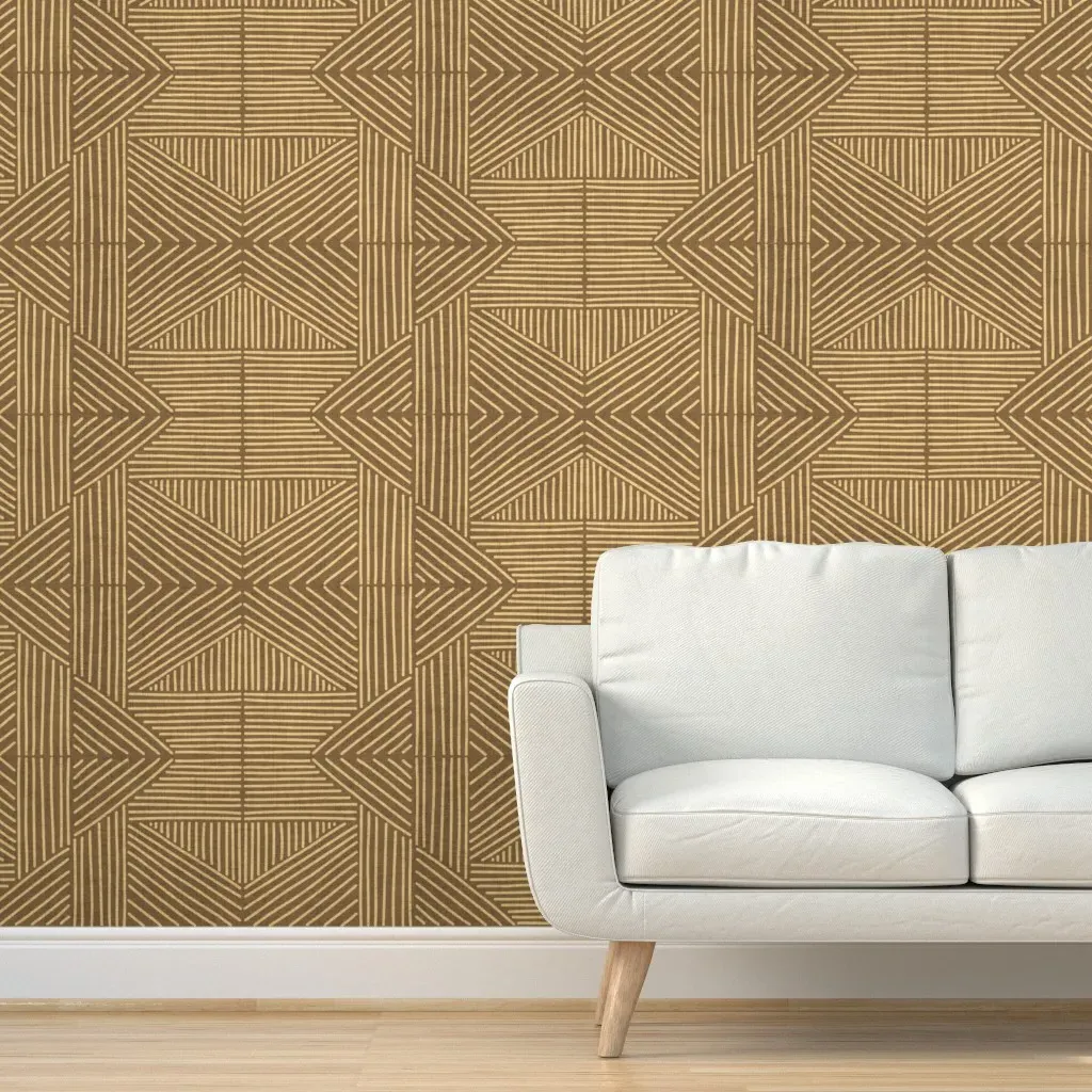 Golden Ochre Mudcloth Weaving Lines Peel and Stick Wallpaper - Beige product