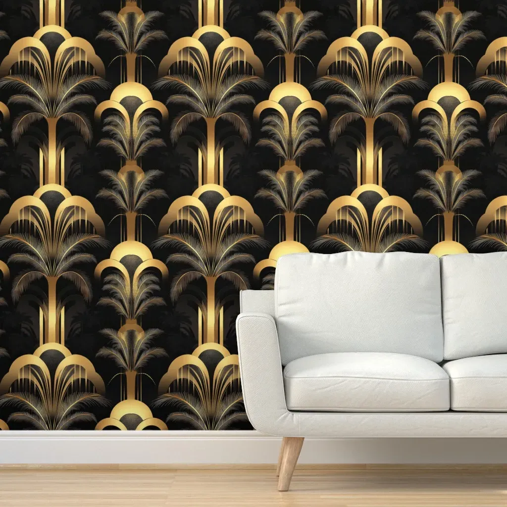 Golden Palms Art Deco Peel and Stick Wallpaper - Gold, Black product