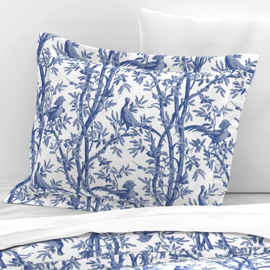Golden Pheasants Chinoiserie Toile Standard Flanged Pillowcase - Blue, Cotton Sateen product