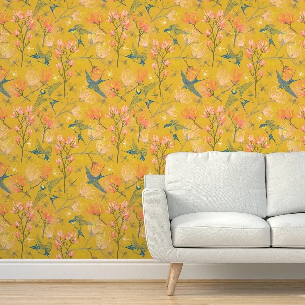 Golden Summer Swallows & Magnolias Peel and Stick Wallpaper - Yellow product
