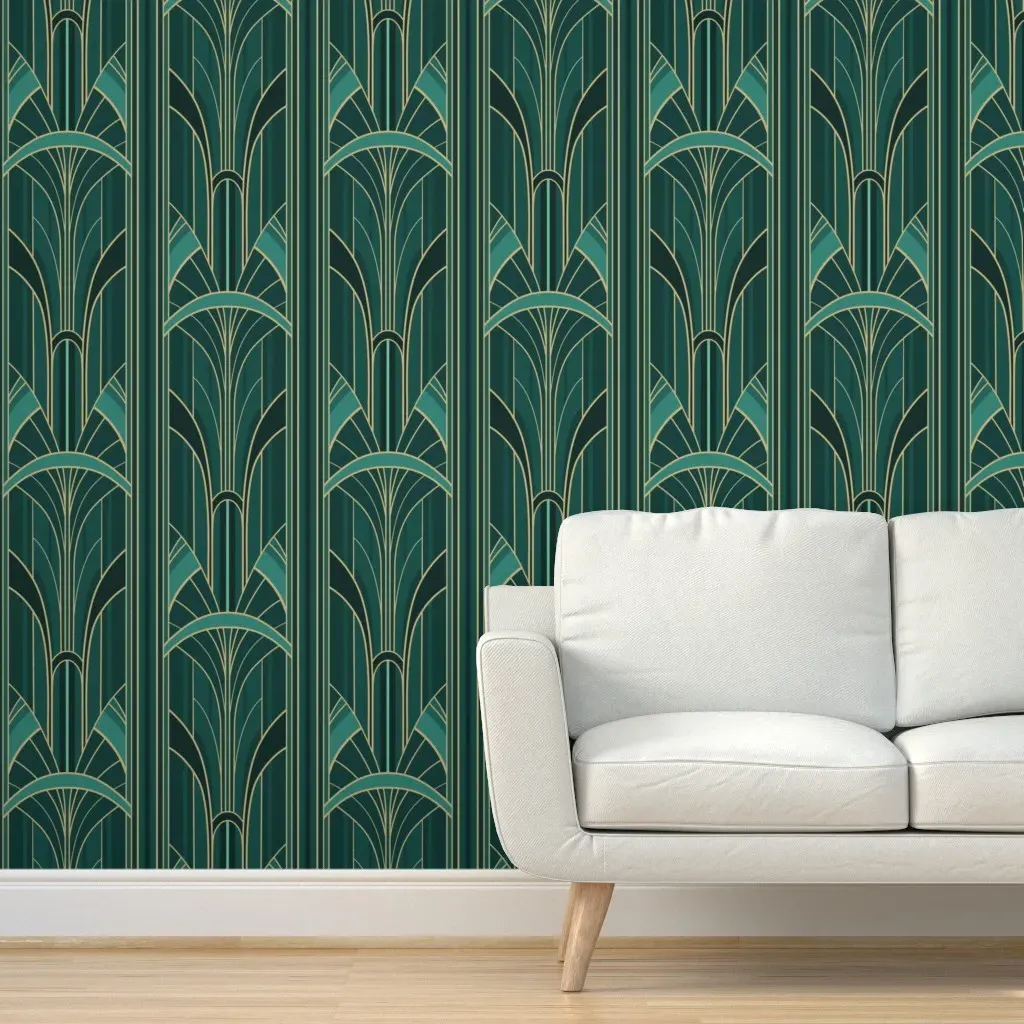 Golden20S Art Deco Architectural Arcs Peel and Stick Wallpaper - Teal, Gold product