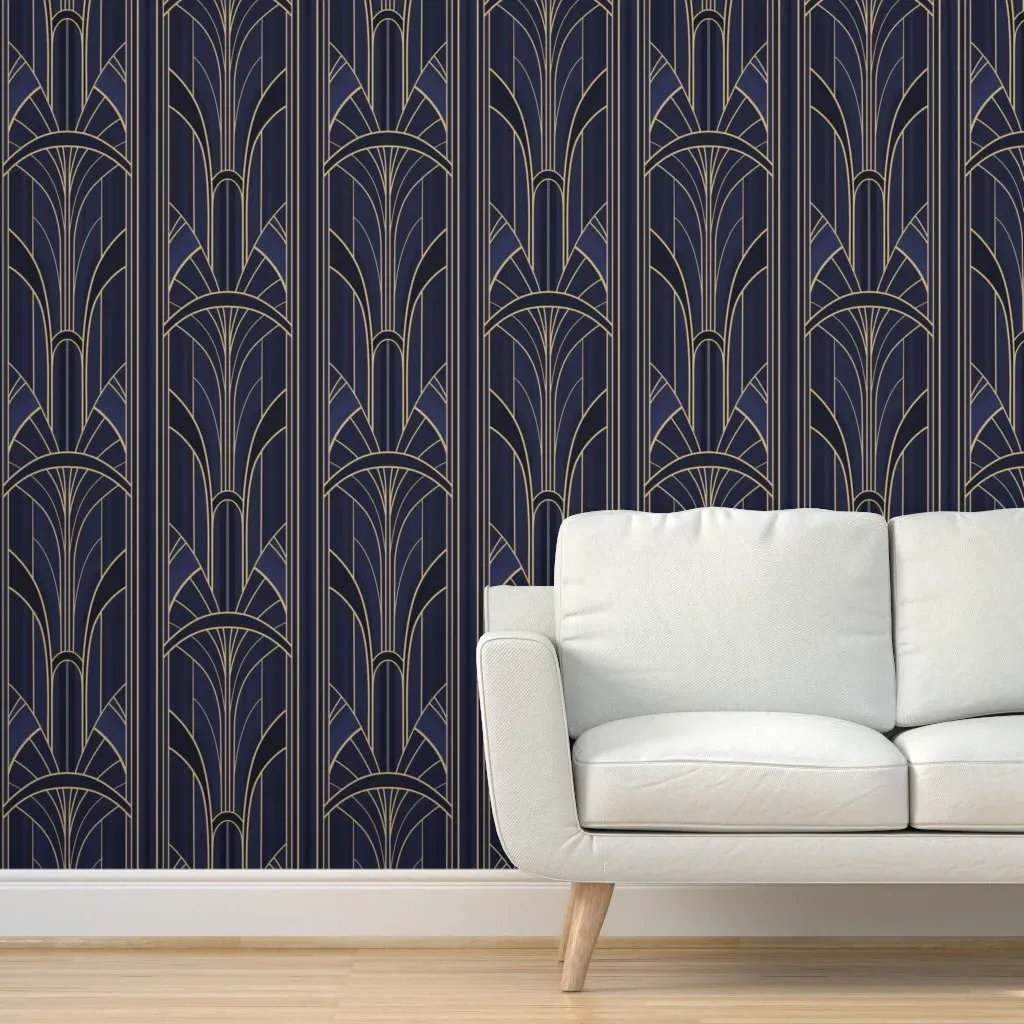 Golden20S Art Deco Arcs Peel and Stick Wallpaper - Dark Blue, Gold product