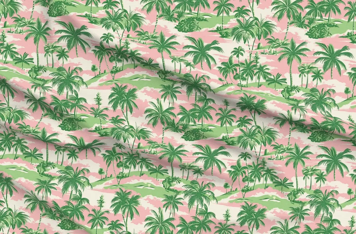 Golf Course & Palm Tree Vintage Wallpaper - Pink, Pique Fabric product
