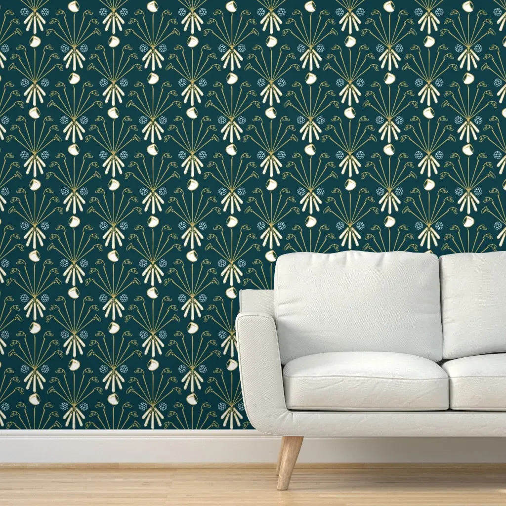Golf Sticks Peel and Stick Wallpaper - Teal Green, Gold product