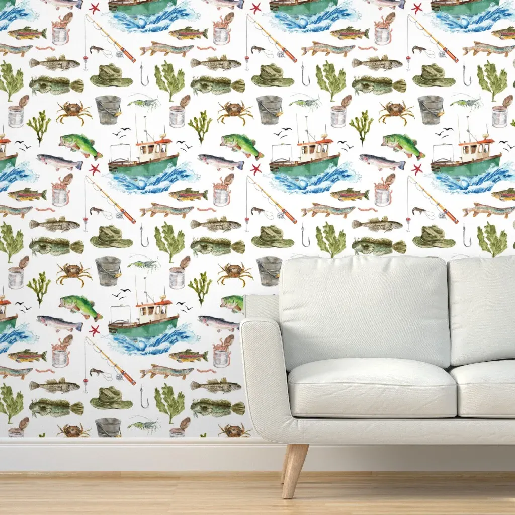 Gone Fishing Peel and Stick Wallpaper - White product