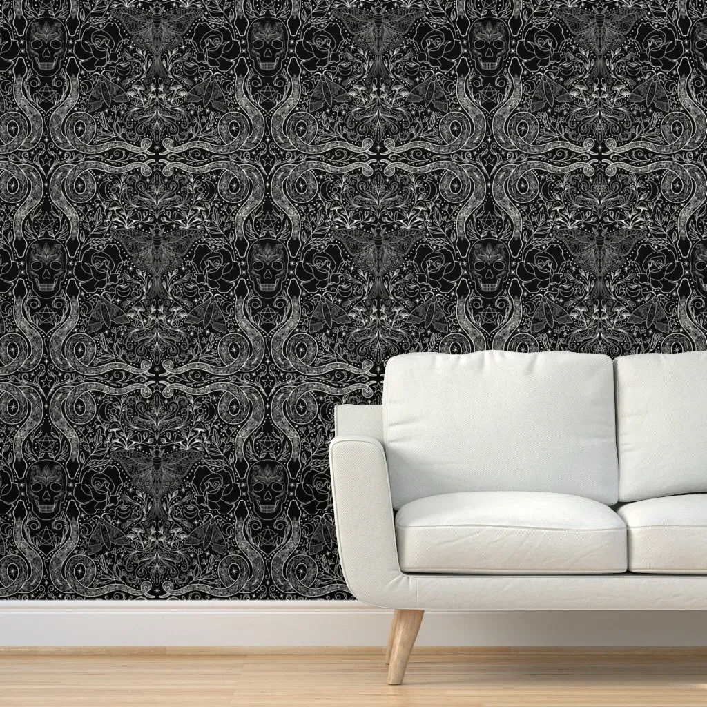 Goth Skull Mushroom Rose Snake Moth Peel and Stick Wallpaper - Black, White product