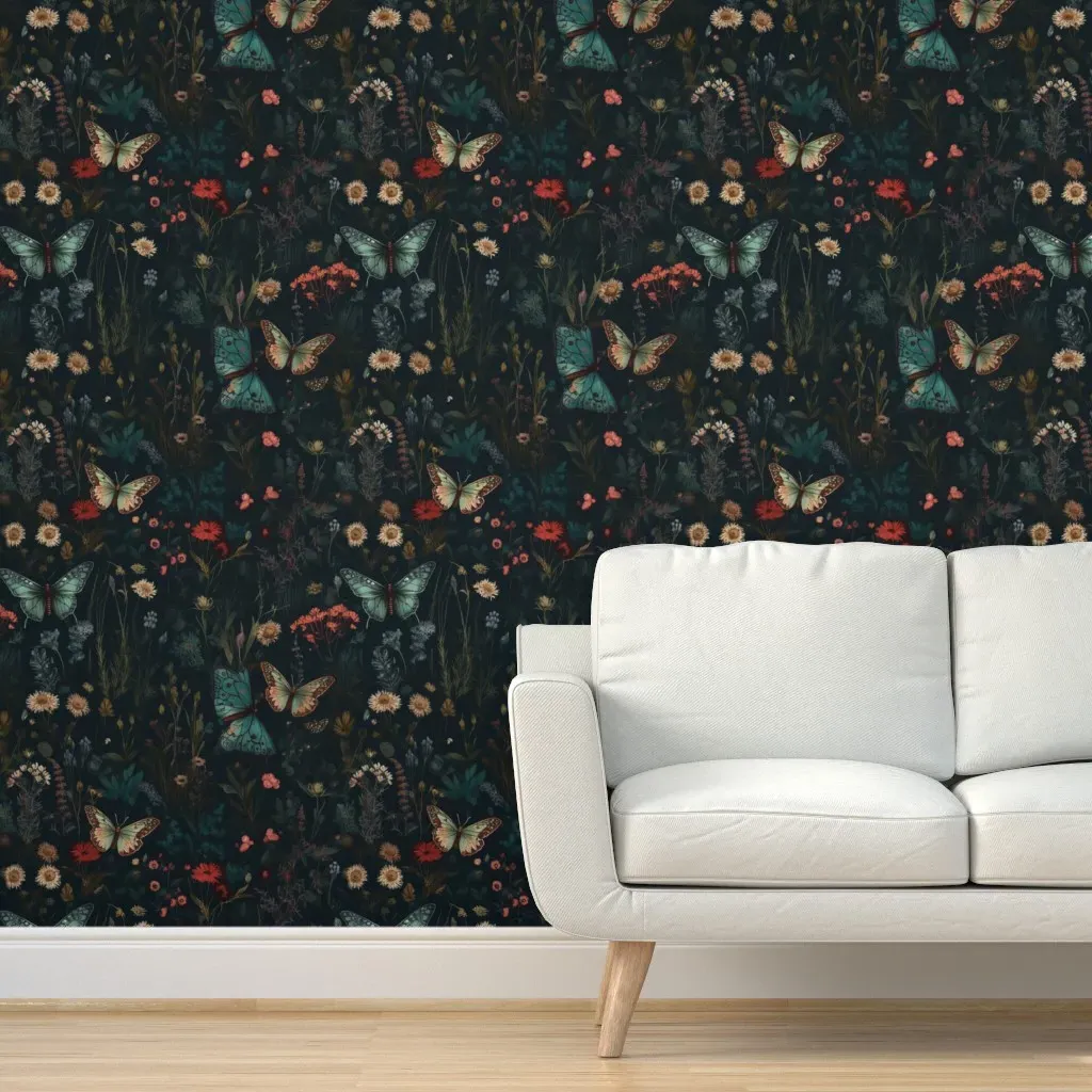 Gothic Academia Floral & Butterfly Peel and Stick Wallpaper - Teal product
