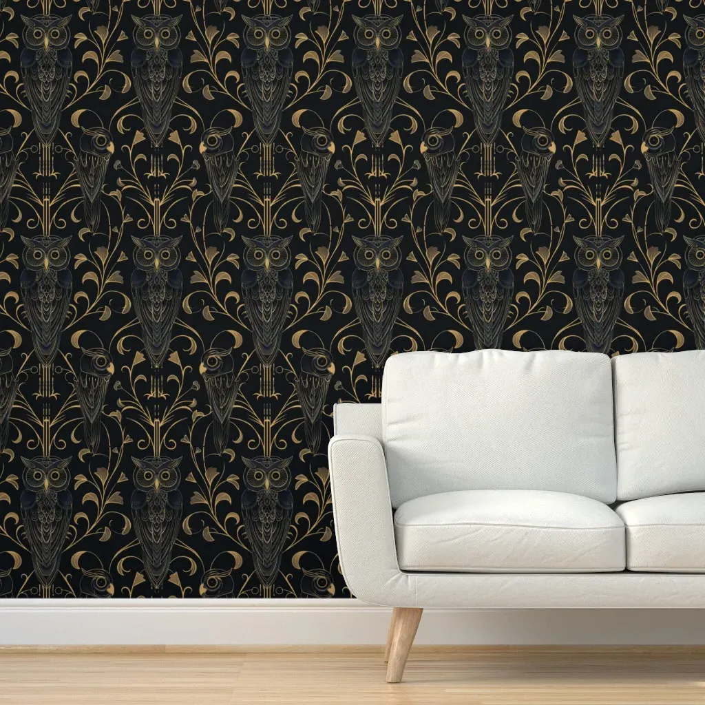 Gothic Art Deco Owl Peel and Stick Wallpaper - Dark Gold product