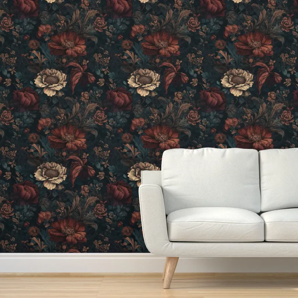 Gothic Dark Academia Floral Peel and Stick Wallpaper - Burgundy product