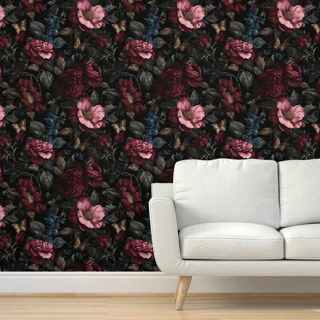 Gothic Dark Floral Peel and Stick Wallpaper - Burgundy product