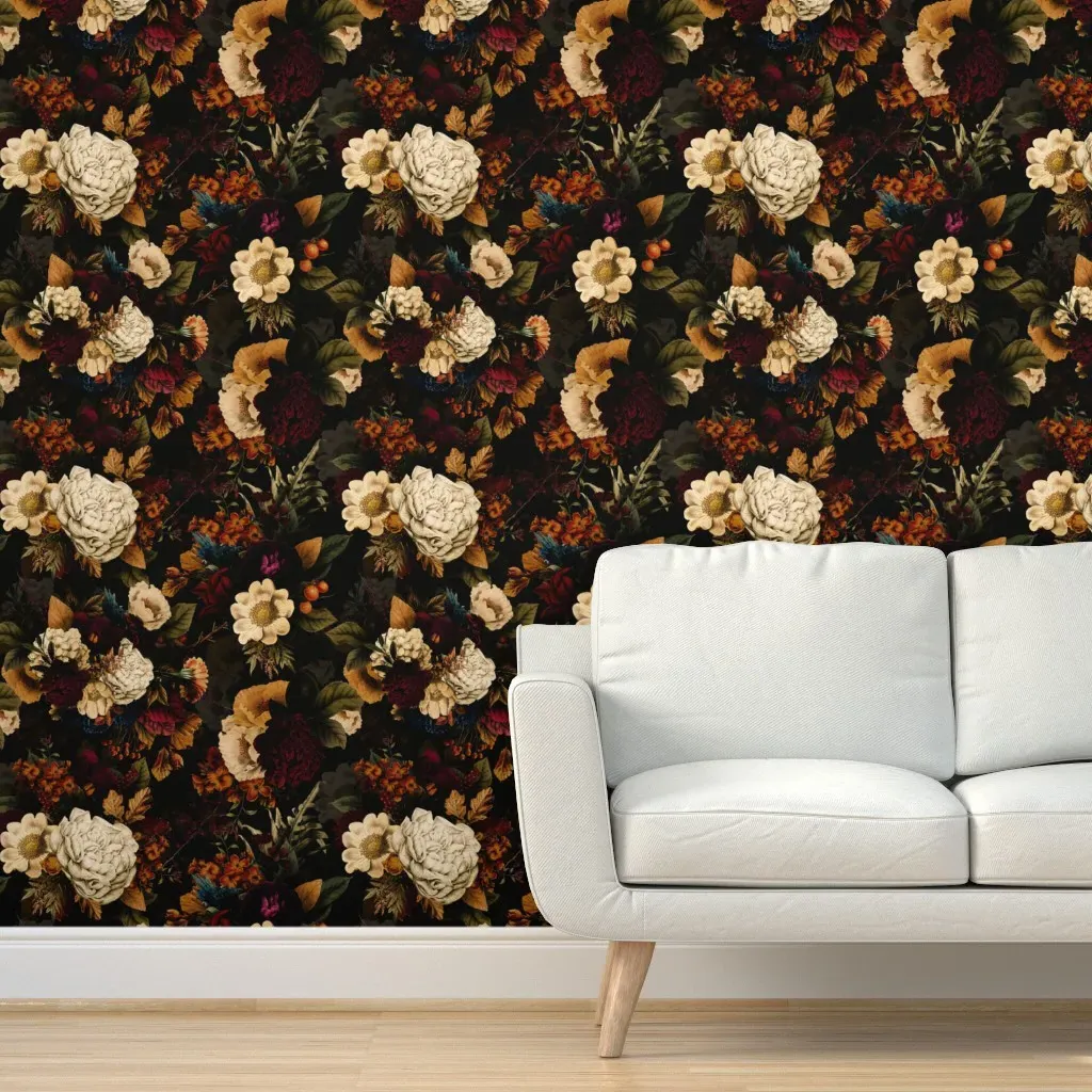 Gothic Dark Peonies Baroque Floral Peel and Stick Wallpaper - Burgundy product
