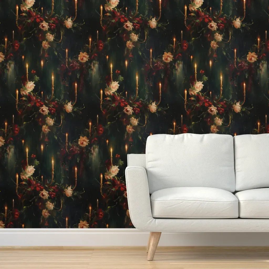 Gothic Floral Candles Peel and Stick Wallpaper - Dark Red product