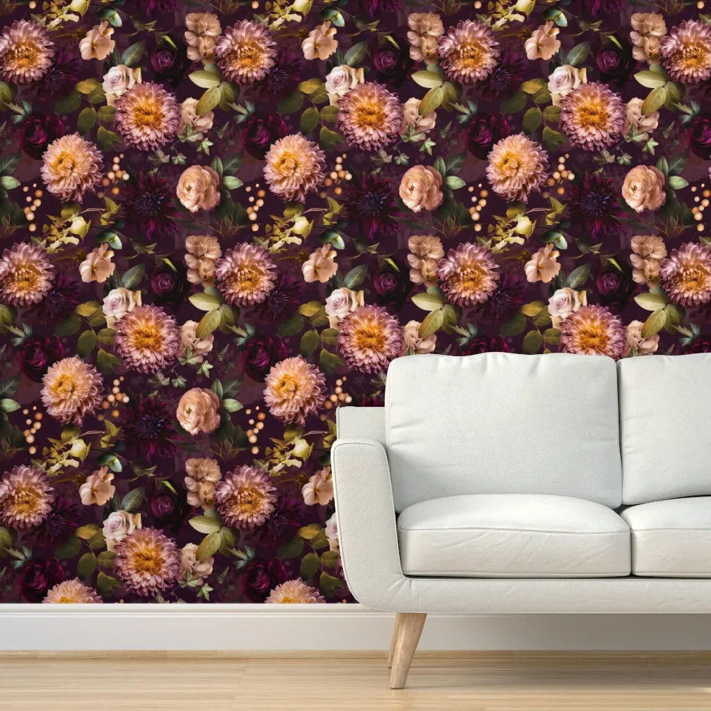 Gothic Floral Romance Peel and Stick Wallpaper - Burgundy product