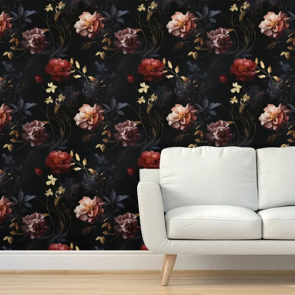 Gothic Floral Victorian Noir Peel and Stick Wallpaper - Burgundy product