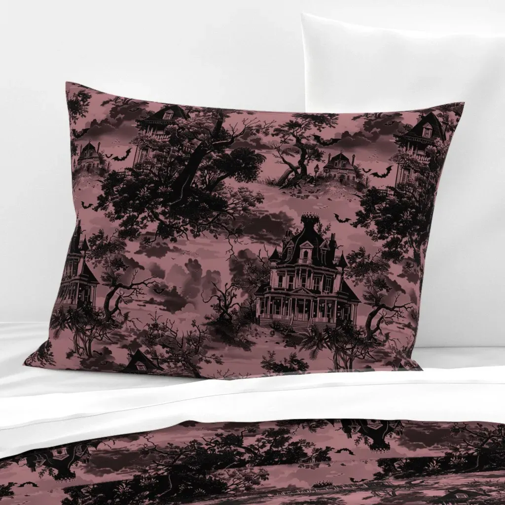 Gothic Mansion Toile Standard Knife Edge Cushion - Dusty Rose, Cotton Sateen product