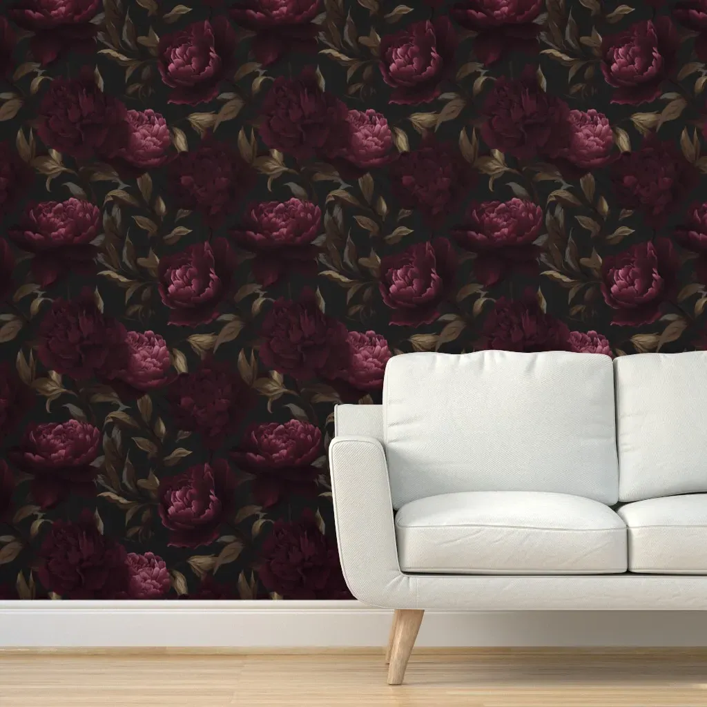 Gothic Moody Peony Peel and Stick Wallpaper - Burgundy product