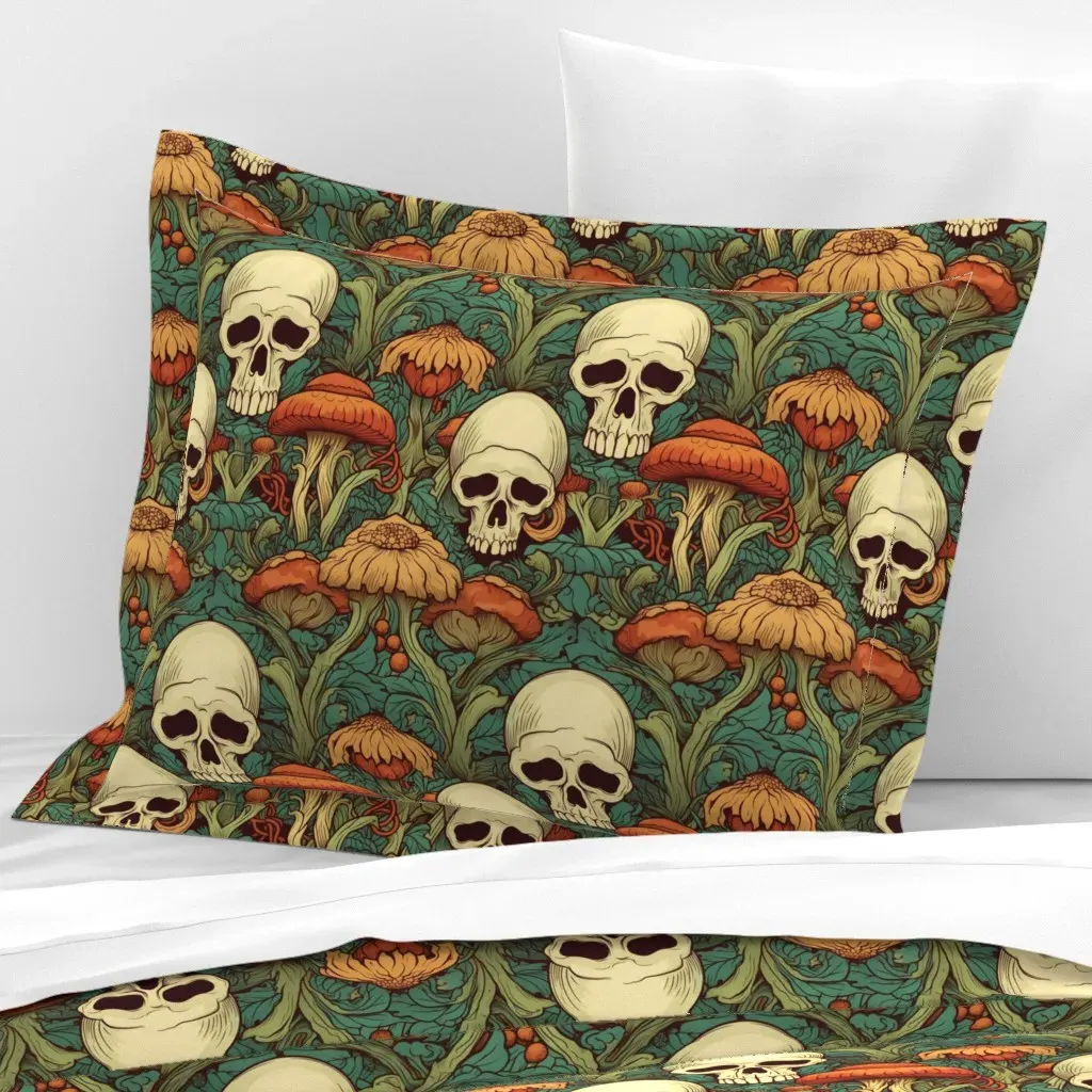 Gothic Mushroom Skulls Standard Flanged Cushion Cover - Orange, Cotton Sateen product