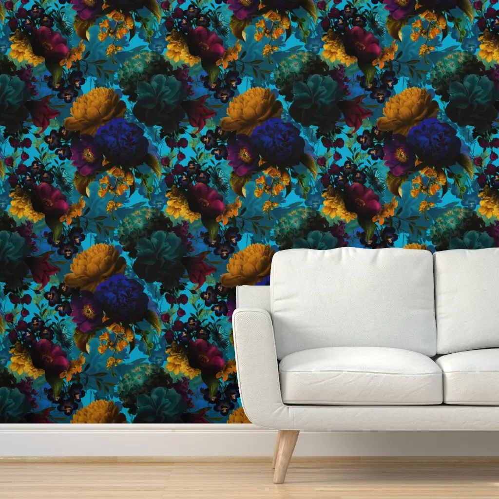 Gothic Peonies Baroque Floral Peel and Stick Wallpaper - Blue, Brown, Green product