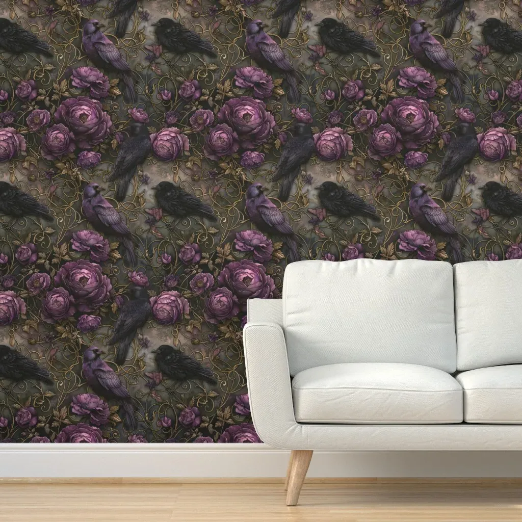 Gothic Raven Crows Floral Peel and Stick Wallpaper - Dark Purple product
