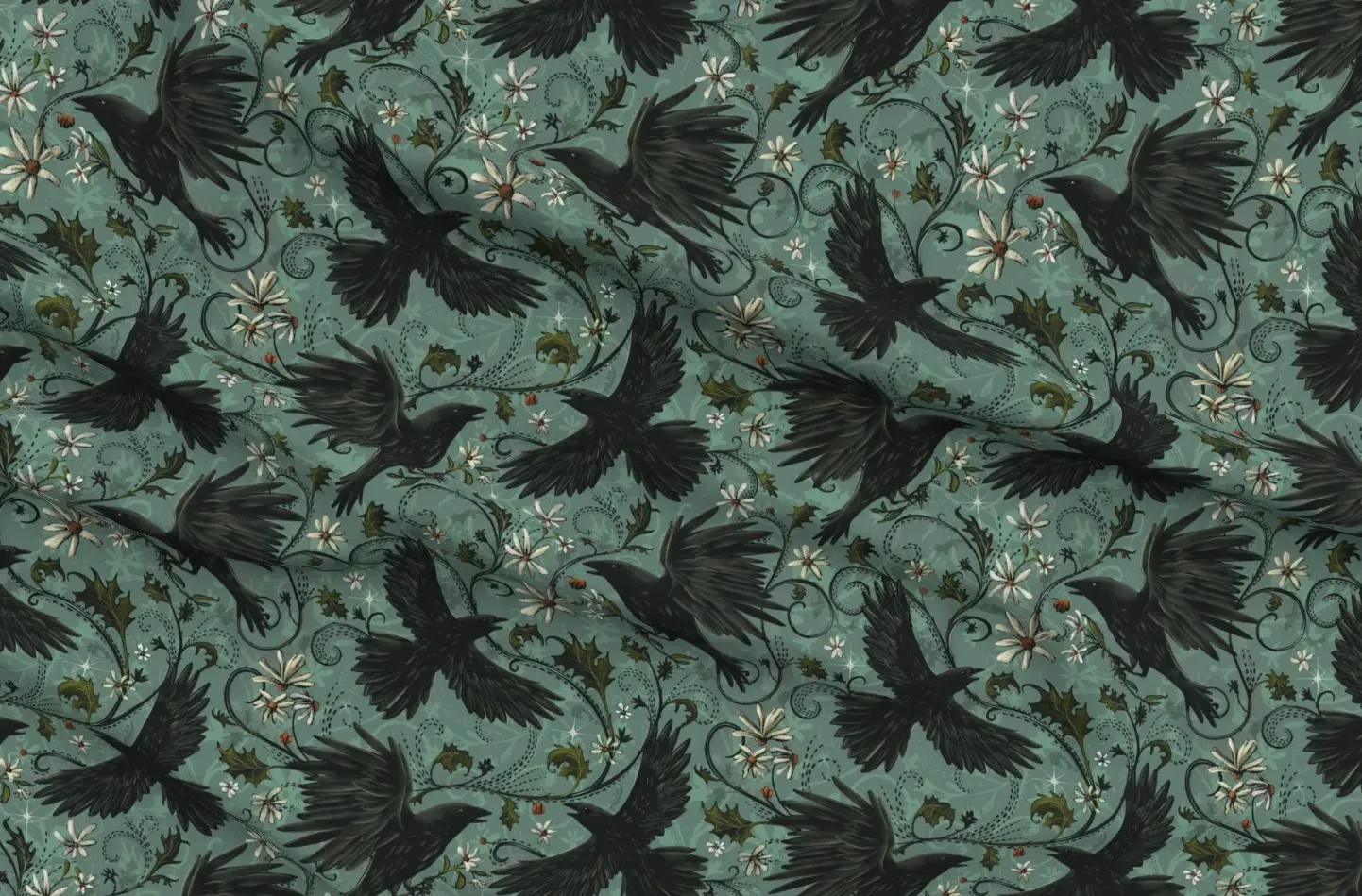 Gothic Raven Mystic Crows Sport Pique Printed Fabric - Deep Cyan product