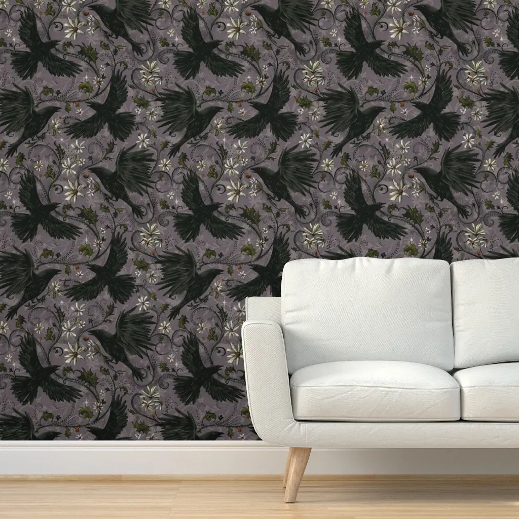 Gothic Raven Mystic Crows Thistle Peel and Stick Wallpaper - Black product