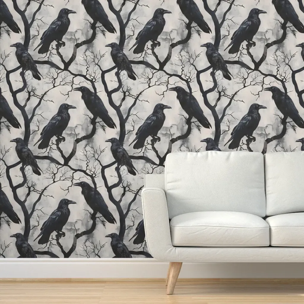 Gothic Ravens In Trees Peel and Stick Wallpaper - Black product