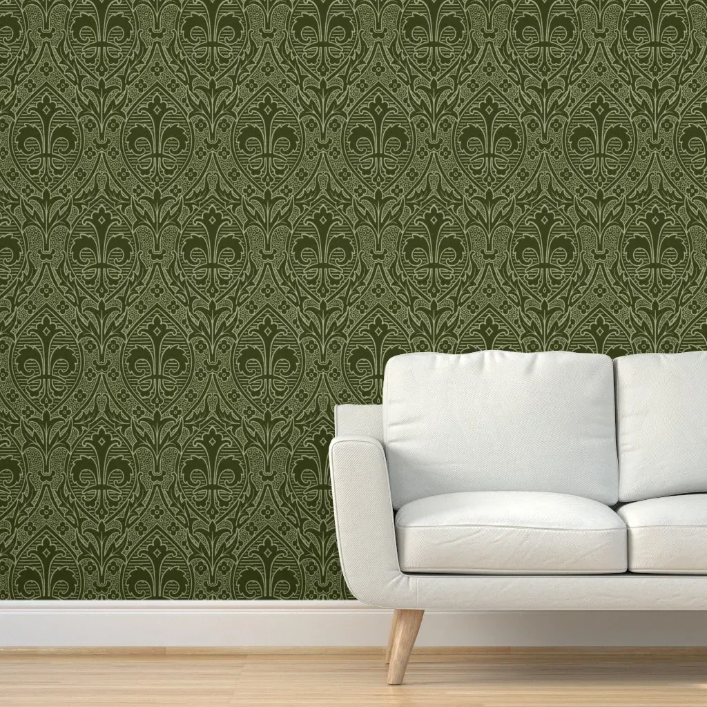 Gothic Revival Fleur De Lys Peel and Stick Wallpaper 12W - Olive Green product