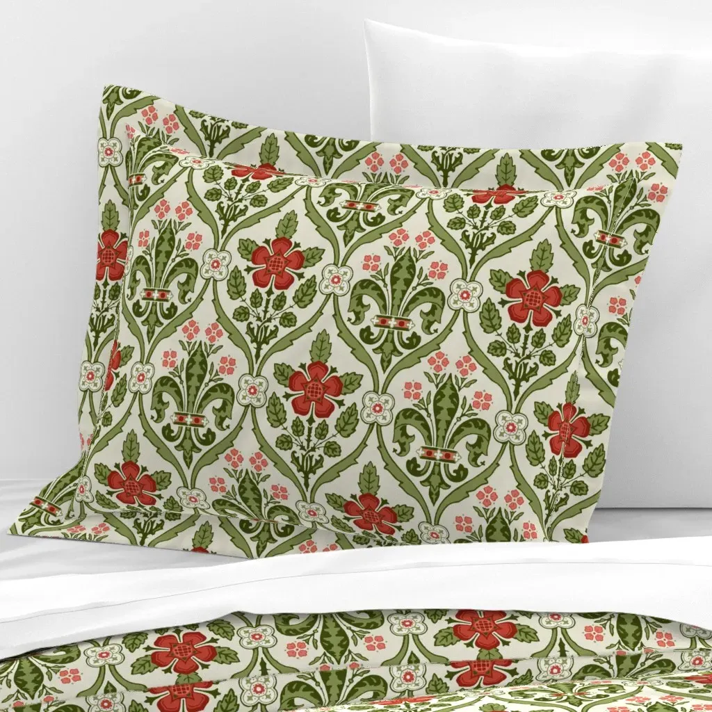 Gothic Revival Roses And Lilies Standard Flanged Pillow Sham - Red, Cotton Sateen product