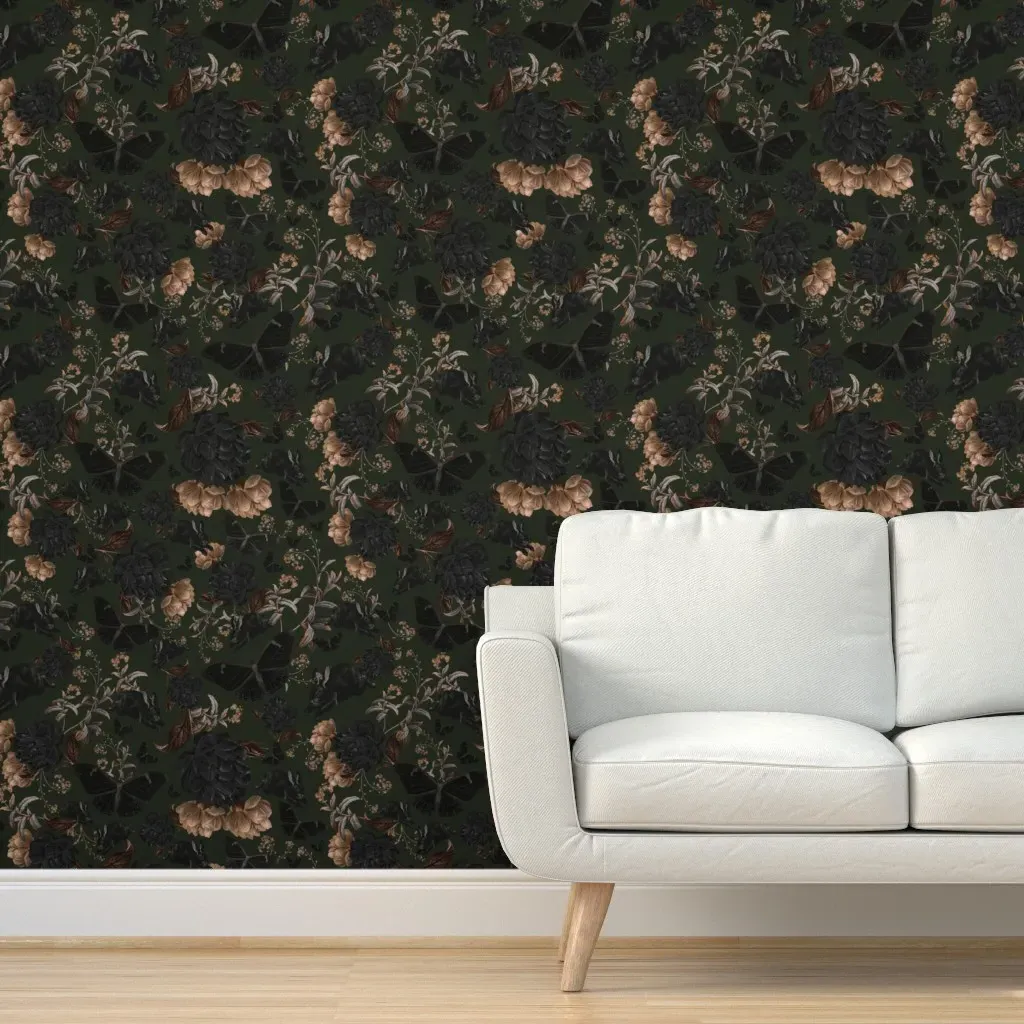 Gothic Roses Florals Butterflies Bunnies Peel and Stick Wallpaper - Dark Green product
