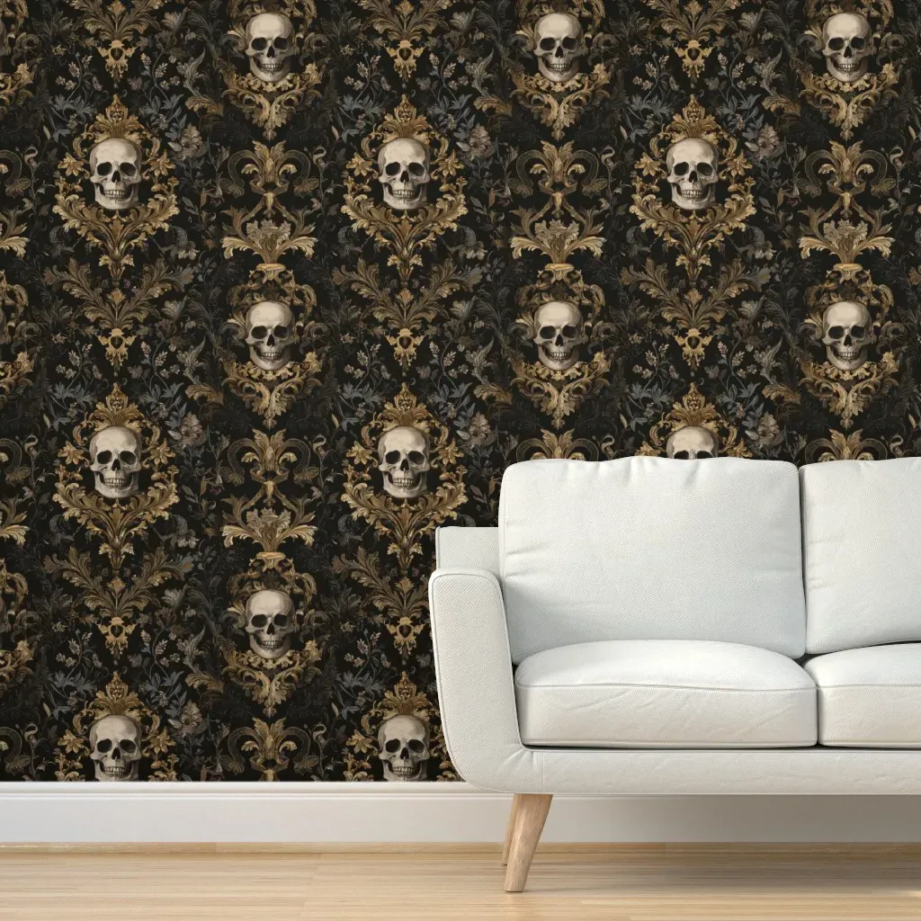 Gothic Skull Damask Peel and Stick Wallpaper - Gold, Black product
