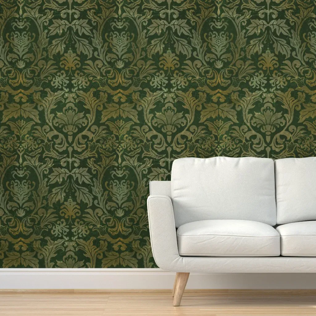 Gothic Victorian Distressed Damask Peel and Stick Wallpaper - Green, Gold product
