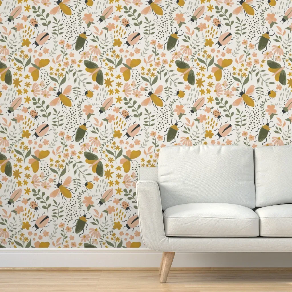 Gouache Garden Bugs Peel and Stick Wallpaper - Ochre and Sage product