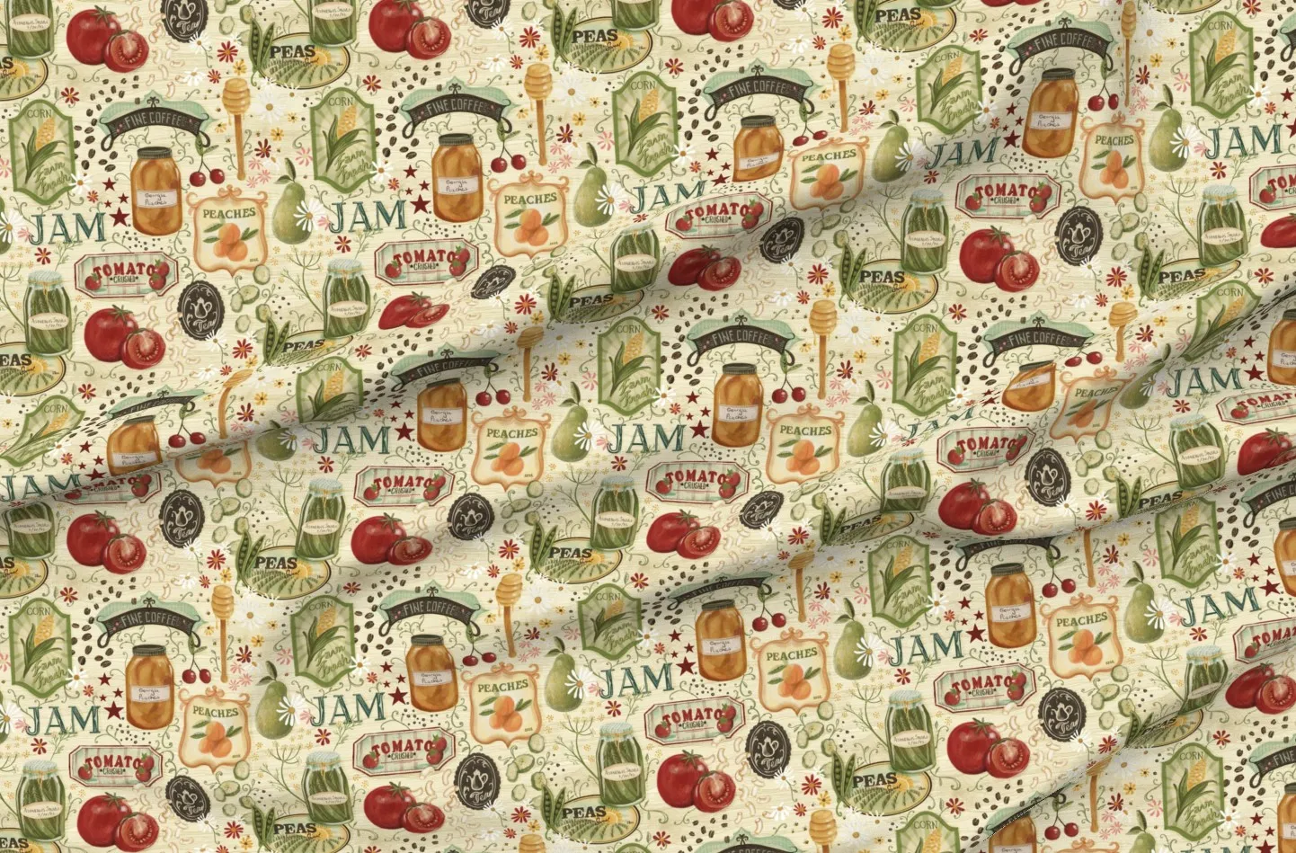 Grandmacore Kitchen Canning Jars Herbs Pantry Pique Fabric - Green product