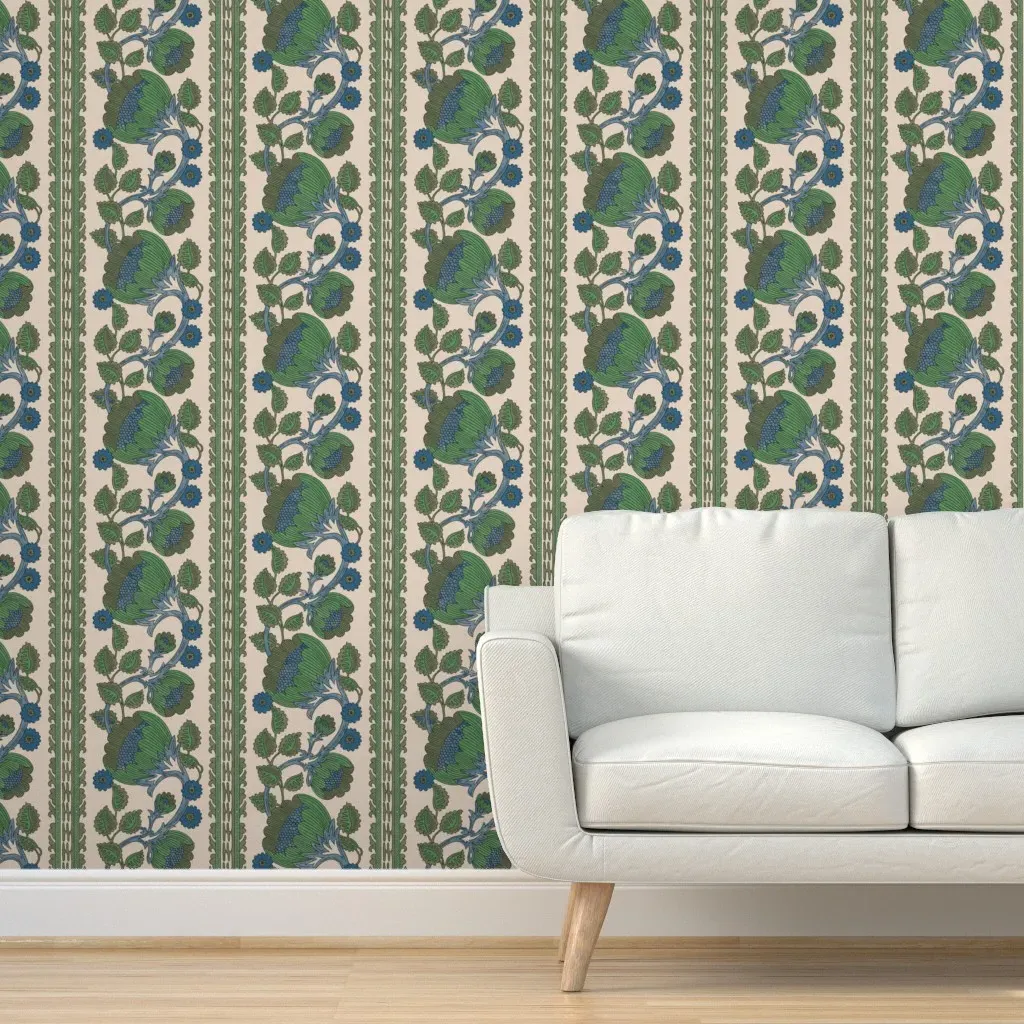 Grandmillennial Floral & Leaves Stripe Peel and Stick Wallpaper - Green product
