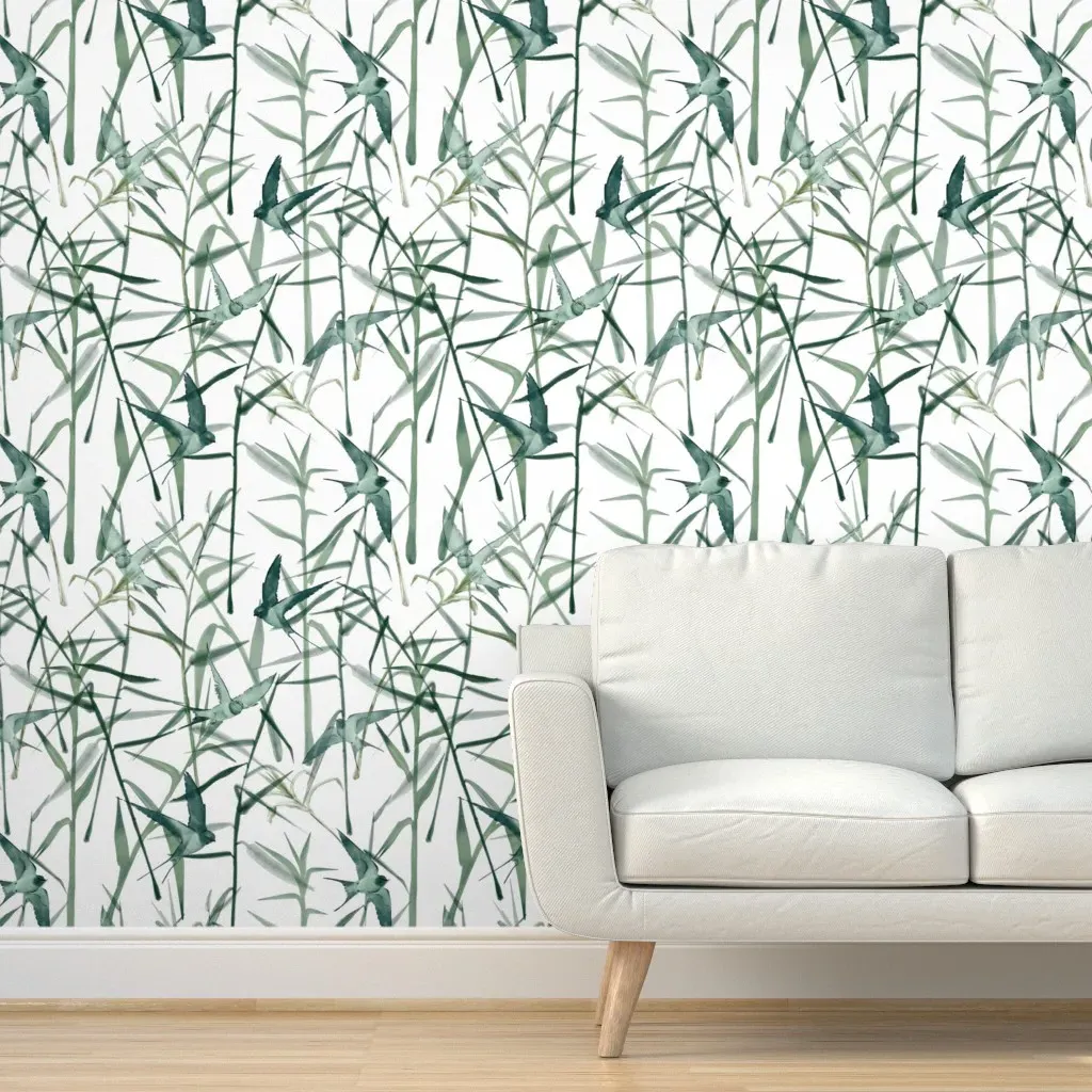 Grasses And Swallows Peel and Stick Wallpaper - Green product