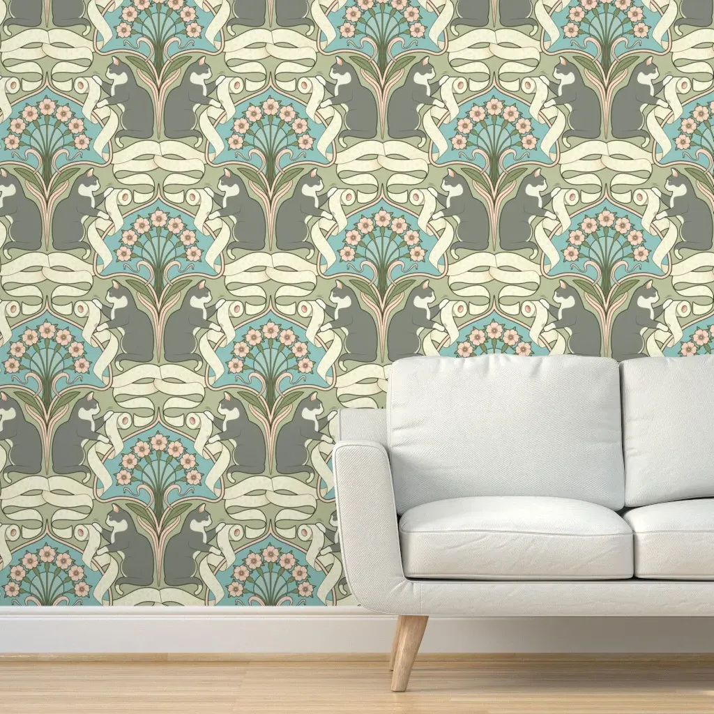 Gray Cat & Toilet Paper Art Nouveau Peel and Stick Wallpaper - Green product